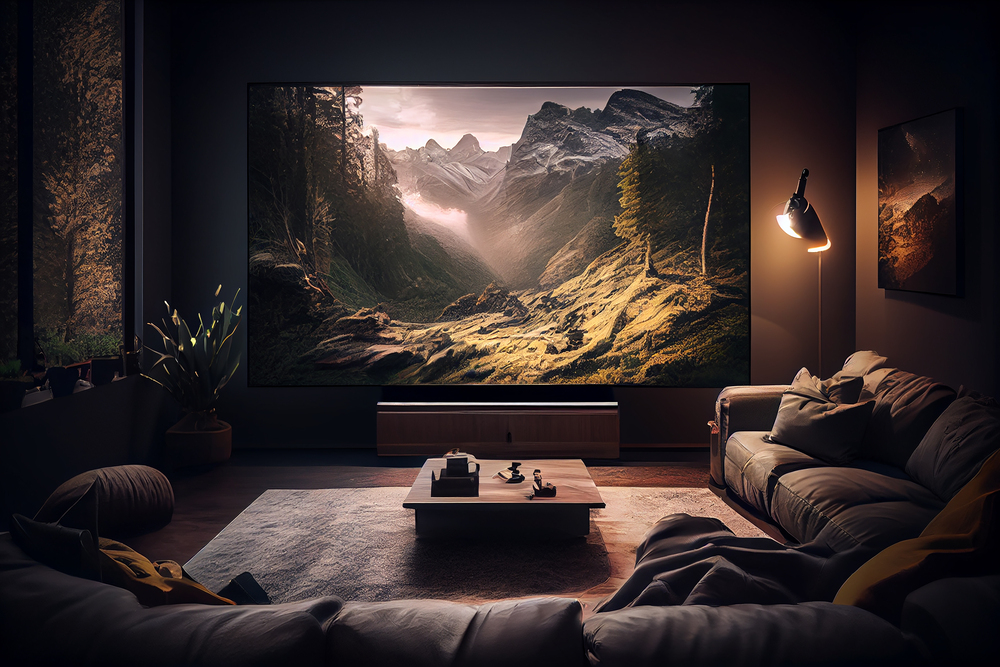 Una sala de cine en casa moderna y acogedora, con una gran pantalla que muestra un paisaje montañoso al atardecer, creando una atmósfera inmersiva y elegante.